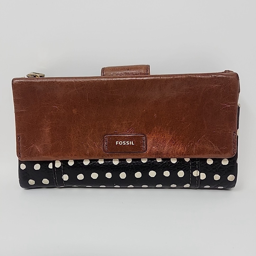 Fossil Vintage Wallet Sydney Brown Leather Retro Black White Polka Dot Trifold - Picture 2 of 16